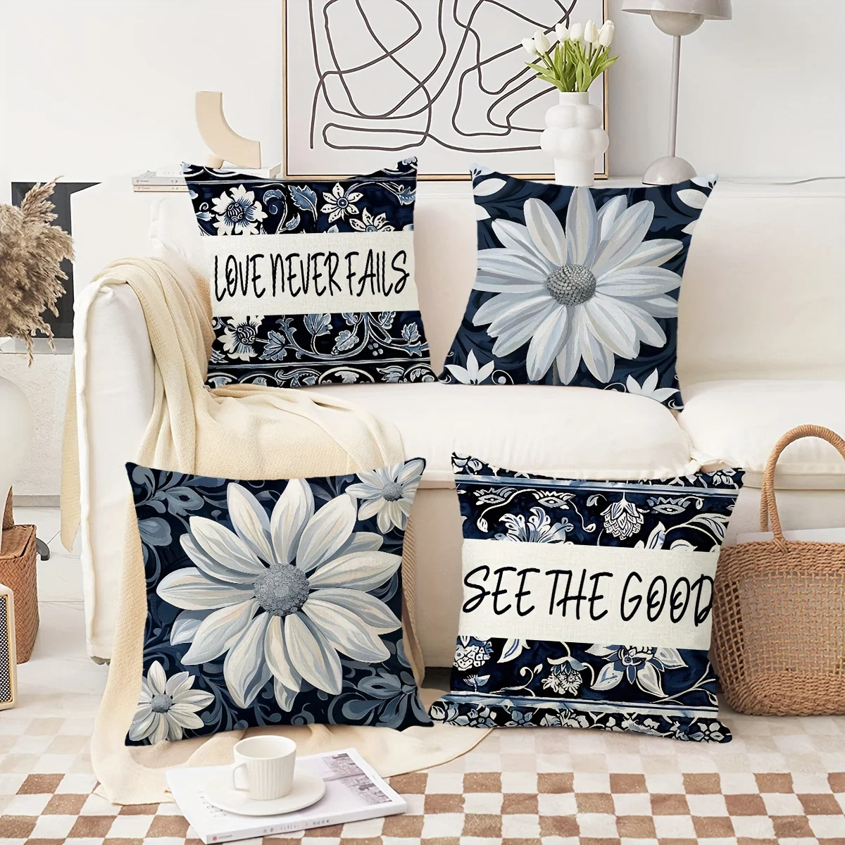 4-Pack Vintage Indigo Flowers and Daisy Linen Blend Throw Pillow Covers 18x18 inch, Rustic Farmhouse Decorative Cushion Covers w