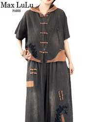 Max LuLu-Costume d'Été en Denim pour Femme, Ensemble 2 Pièces Chinois, Décontracté, Classique, Mode Vintage, Veste à Capuche, Pantalon à Jambes Larges