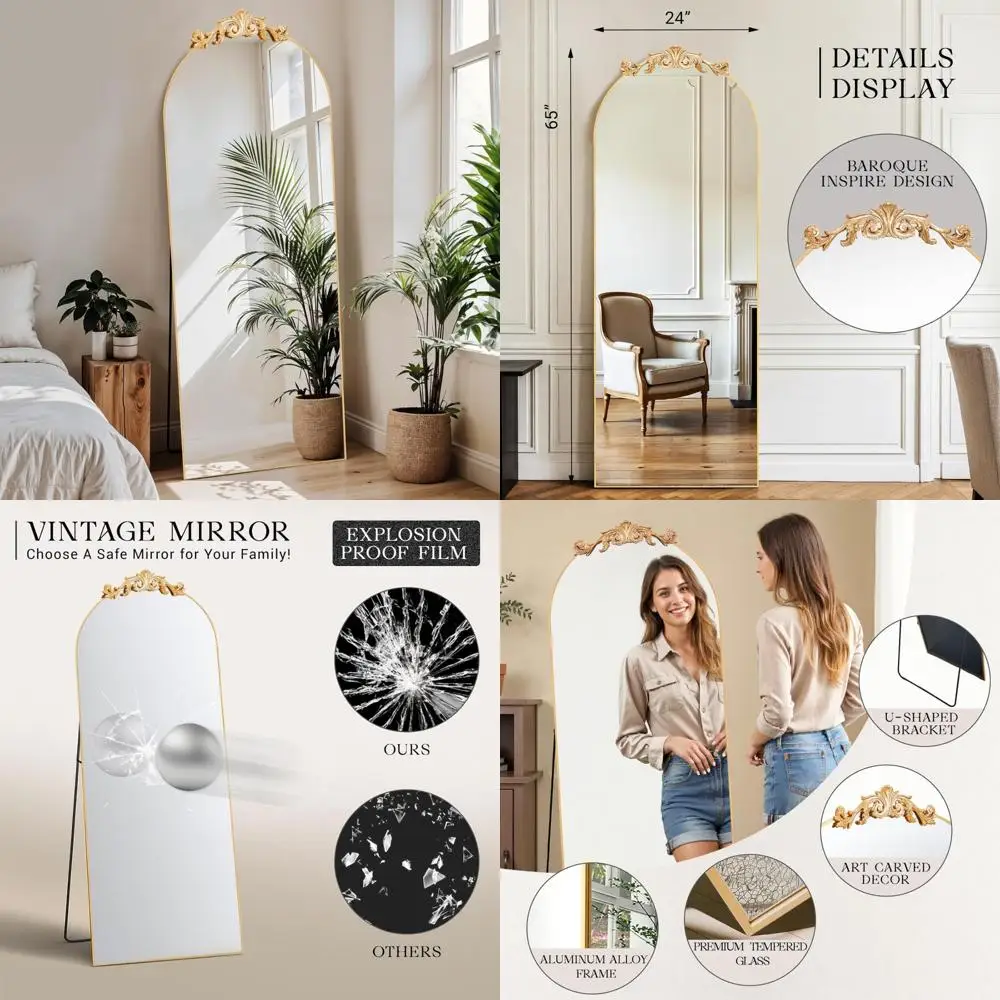 

Антикварное большое арочное зеркало для всего тела в винтажном стиле барокко, отдельно стоящее с верхом с французской резьбой 65X24