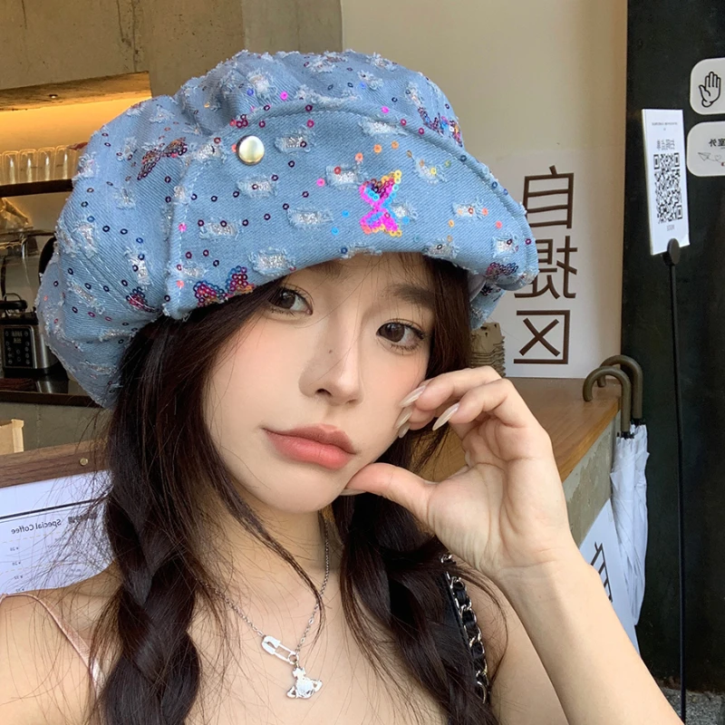 Y2k Butterfly Small Sequined Cloud Berets Caps for Women 2024 Spring and Summer Korean New Ins Niche Sweet Octagonal Hats