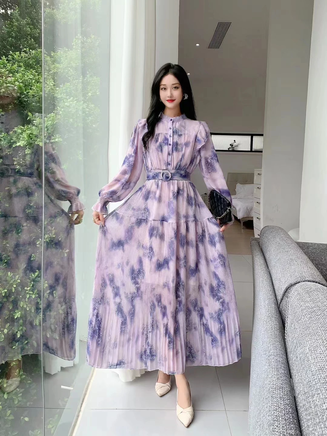 2023 New Spring Autumn Women Long Sleeve Belt Slim Long Dress High Quality Retro Tie Dye Print Big Hem Pleated Dress 7 Colors