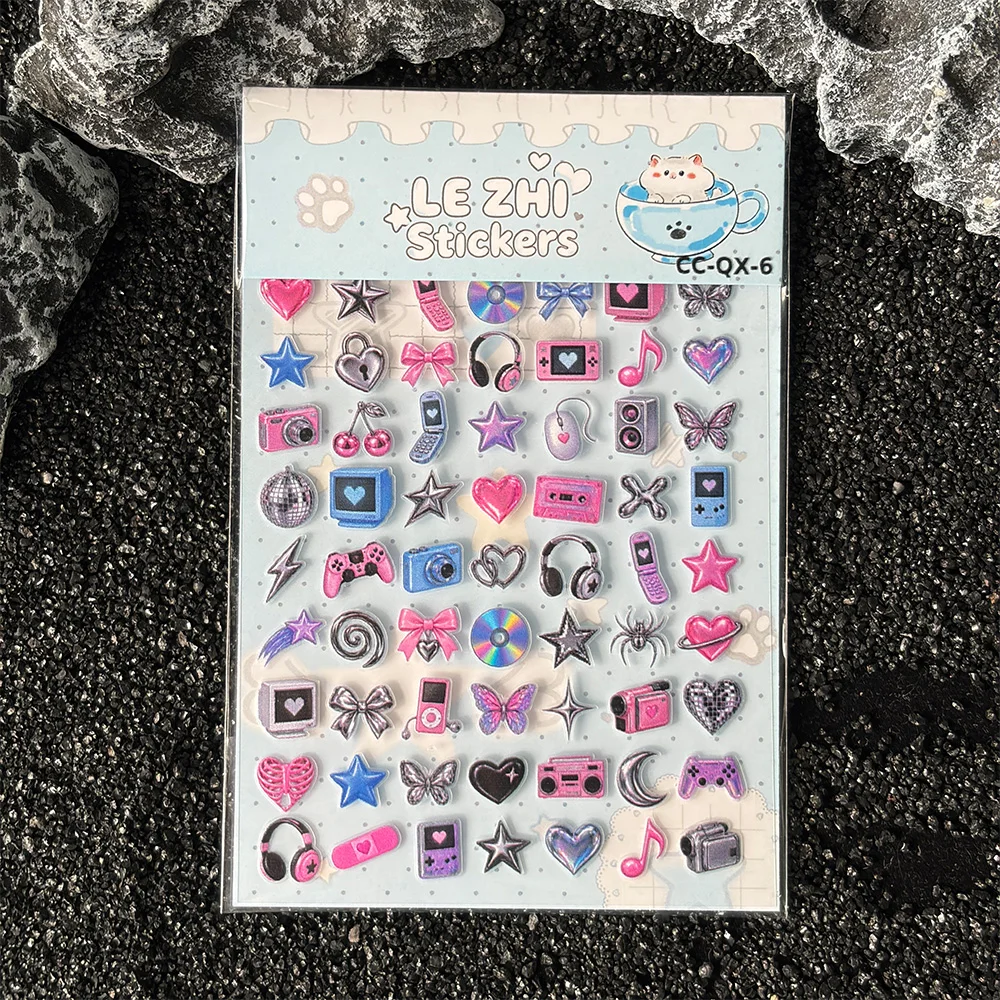 Trendy Y2K Sparkle Sticker Sheet Heart Bow Butterfly Shell Camera Star Cartoon Journal Scrapbook DIY Craft Decor Collection
