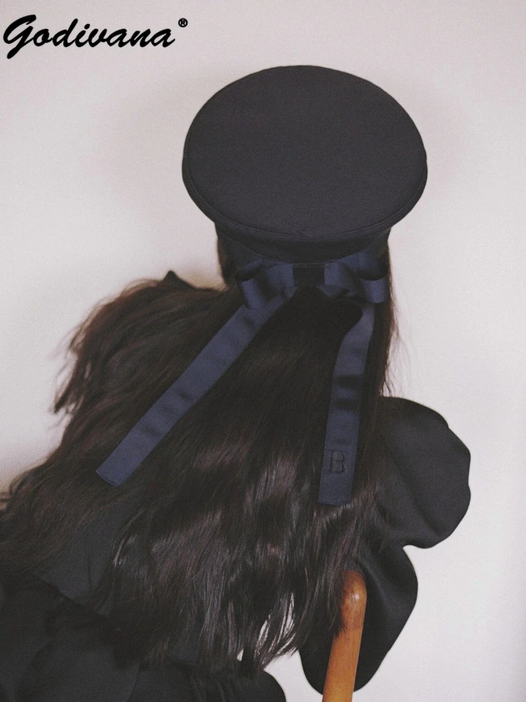 

Плоская темно-синяя шляпа с милой лентой в японском стиле, новые милые крутые береты для девочек, женские кепки, шапки