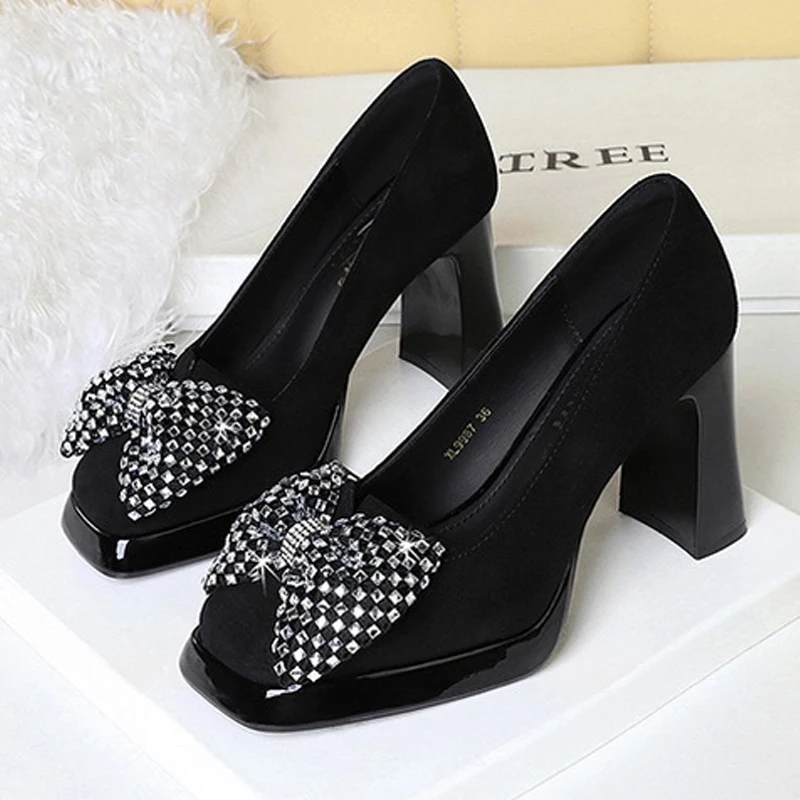 

Женские туфли-лодочки BIGTREE CRYSTAL с квадратным носком и бантом-бабочкой, модные элегантные однотонные туфли на высоком каблуке для вечеринок и торжественных мероприятий