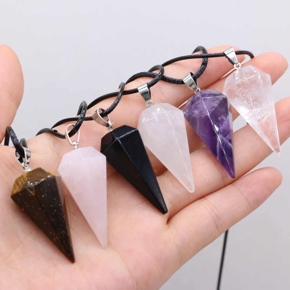 Natural Stone Amethysts Healing Pendulum,Gem Reiki Heal for Divination Cone Crystal Amulet Pendant Women Necklace Jewelry