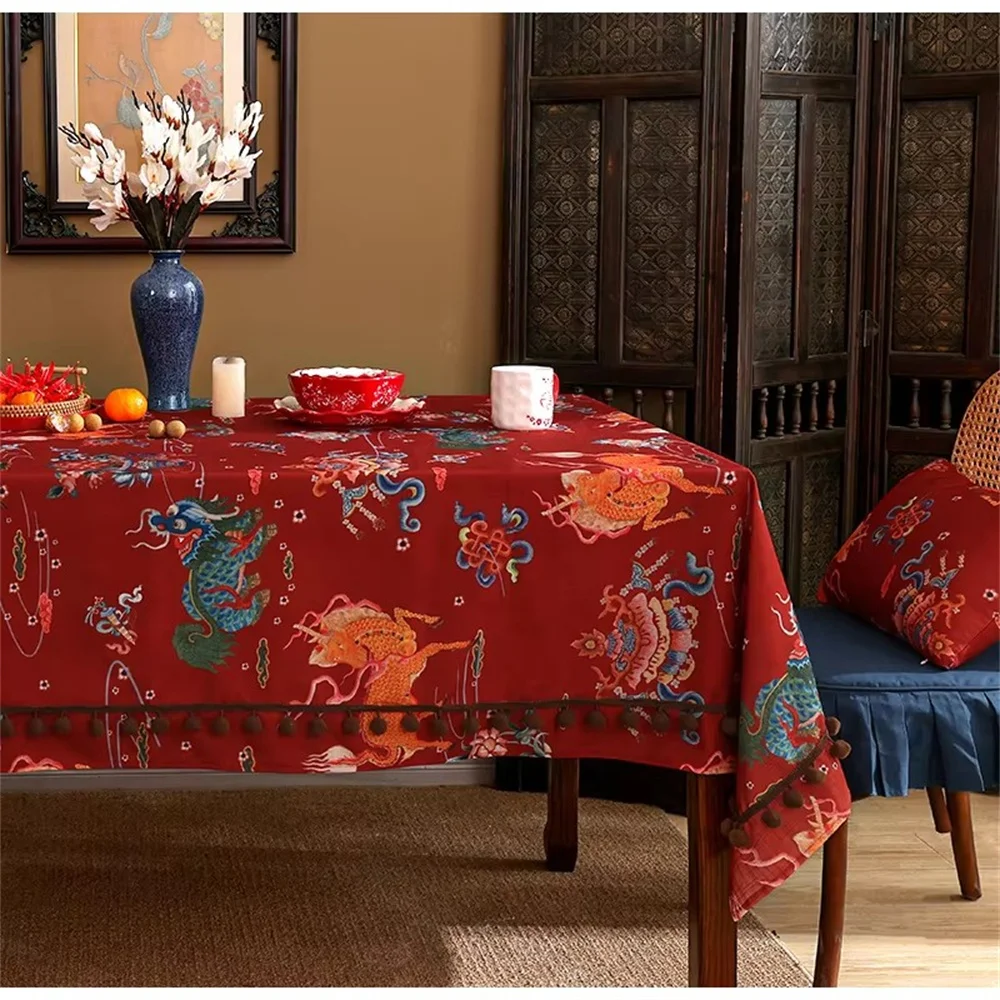 DAVINRICH Chinese Mythical Animals Decorative Tablecloth Retro Charm Oriental Style Rectangular Table Cloth Parties Banquet Deco