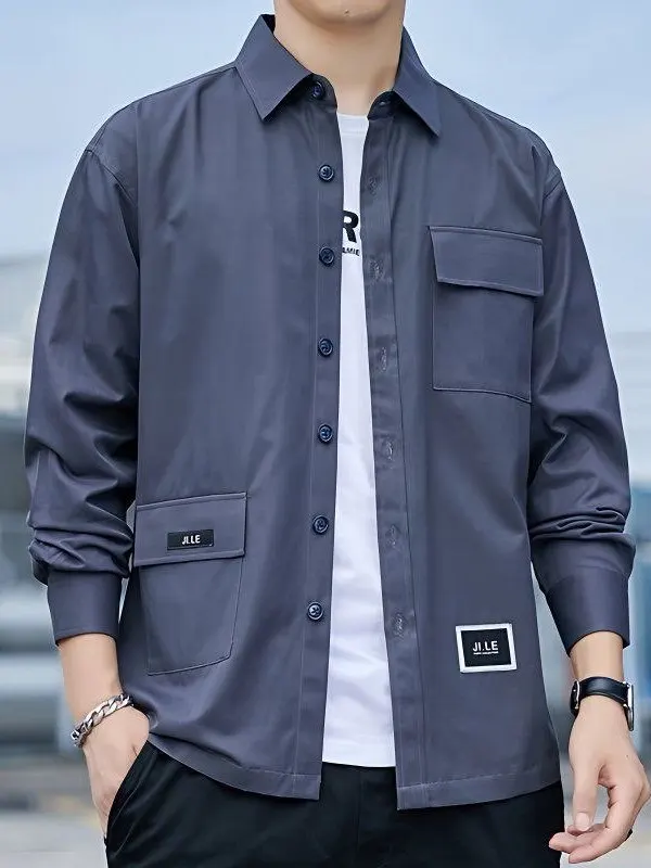 Men's Long Sleeve Casual Shirt Autumn Workwear Style Collar Pocket Multi-Pocket Pure Color Open Cardigan Coat Durable Antimic...
