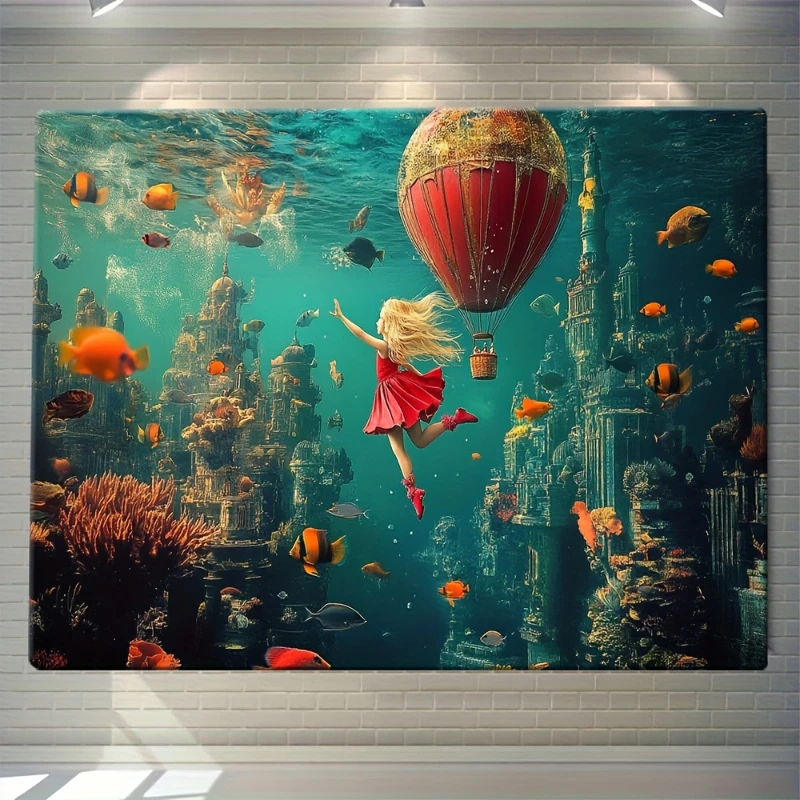 Frameless canvas paintings,Underwater Girl in Red Hot Air Balloon Poster Prints Fish Coral Reef Canvas Painting Wall Art Picture