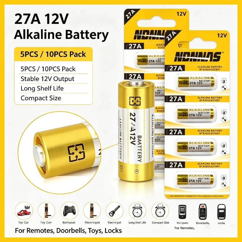12V 27A Mini Alkaline Dry Batteries, Compatible A27 27AE MN27 L828 V27GA, Long Lasting Button Cells for Doorbells, Car Alarms
