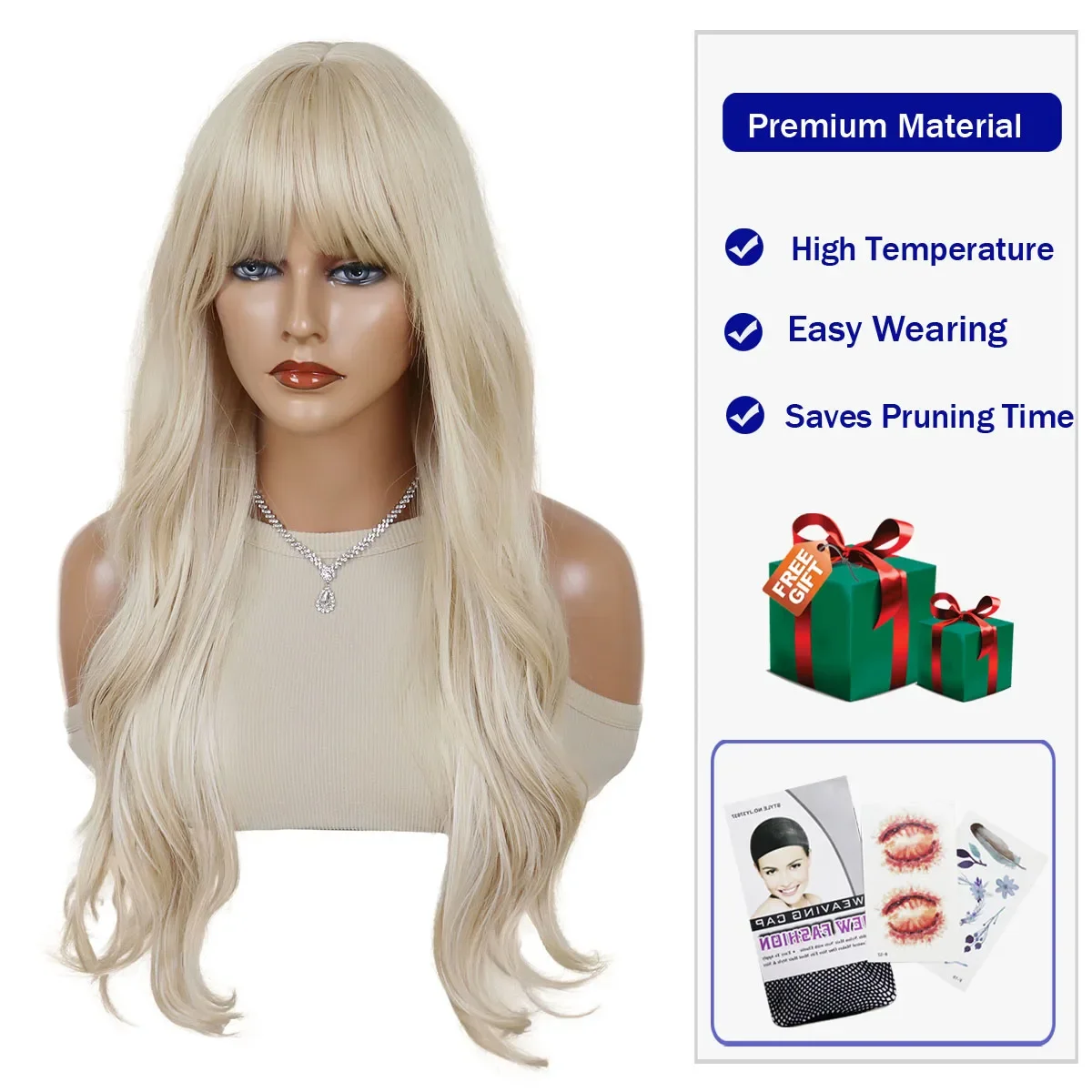 Syntetyczna blond peruka z grzywką dla kobiet, długa kręcona falowana peruka odporna na ciepło dla dziewcząt, do codziennego użytku, na imprezy, Halloween, cosplay