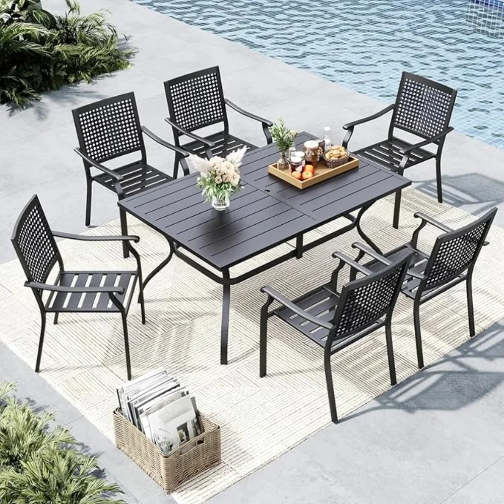 

7 Pieces Metal Patio Outdoor Dining Set, Steel Frame Slat Larger Rectangular Table with