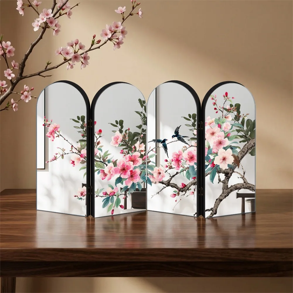 Mirror Folding Screen Decorative Painting,4 Folding Landscape Flower Decor Painting Table Setting.Entrance TV Cabinet Decoration