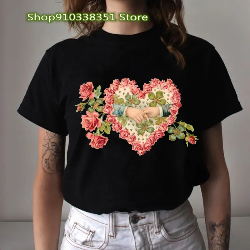 

Vintage Love Heart Flower Angel Print Women T Shirt Short Sleeve O Neck Loose Women Tshirt Ladies Tee Shirt Tops Camisetas Mujer