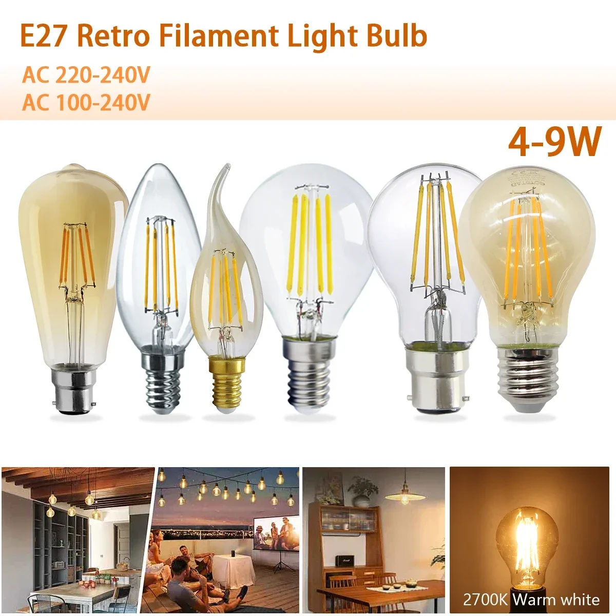 8pcs Led Edison Filament Bulb E27 B22 E14 C35 A60 ST64 220V240V Vintage 2700K 4000K Warm Glass Lamp Lighting Indoor Living