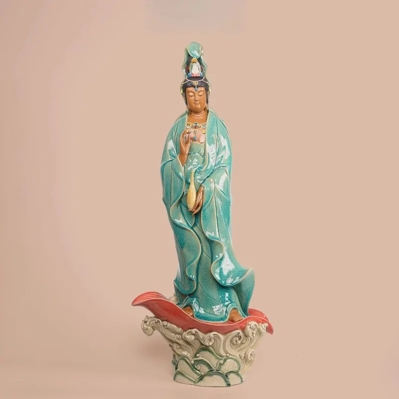 

Handmade ceramic green glaze crossing the sea Guanyin Bodhisattva decorative entrance ornament