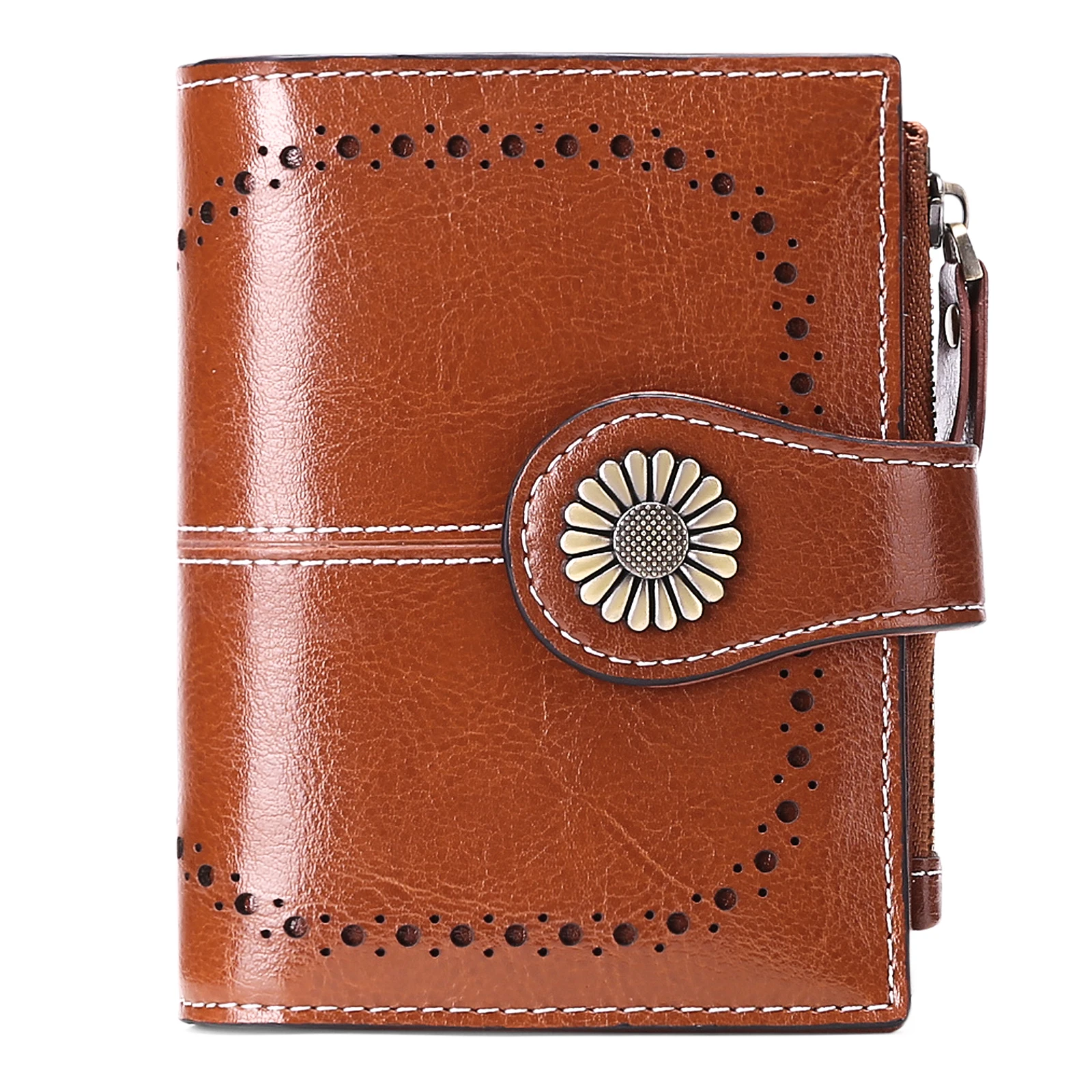 Vintage Women Genuine Oil‑Wax Cow Leather Wallet RFID Blocking 16 Card Slots Daisy Buckle Short Purse With Zipper Coin Pocket