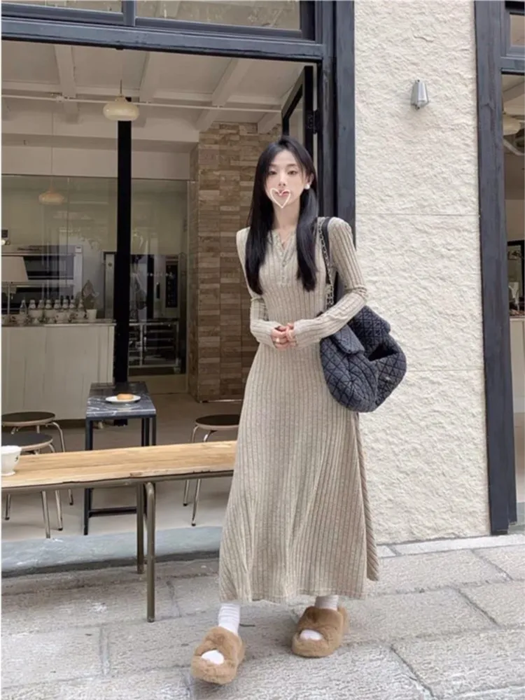 

Knit Dress Button Vintage Long Sleeved Vestidos Waist-cinching Vestidos Solid Color Long Frock Vestidos De Fiesta Elegantes