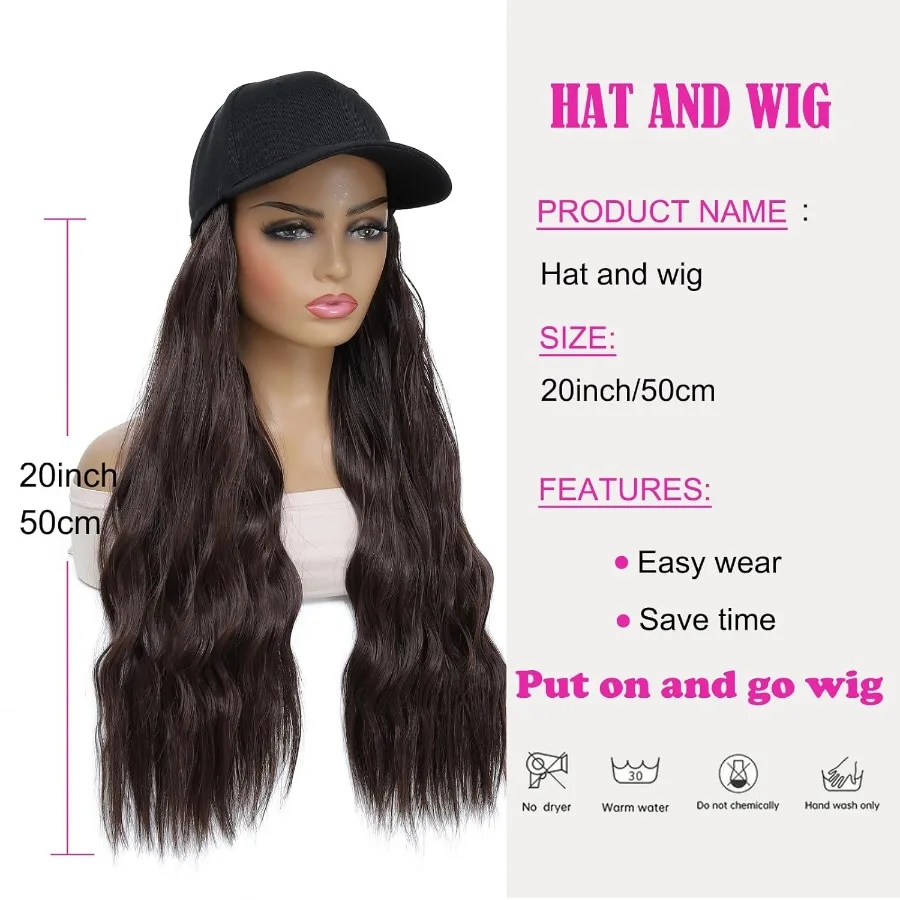 قبعة بيسبول قبعة شعر مستعار مع وصلات شعر تتميز بقطع شعر من الألياف الاصطناعية المقاومة للحرارة مرفقة للنساء والفتيات Adju