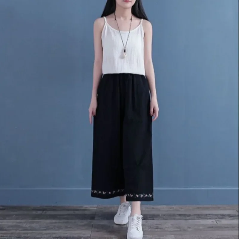 

Брюки с вышивкой для женщин, укороченные брюки из хлопка и льна, вечерние женские брюки, винтажные удобные эластичные брюки G, осенние повседневные брюки