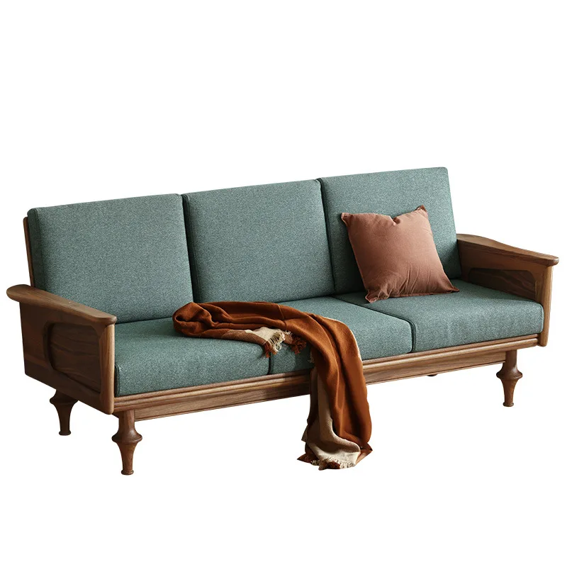 Living room three-person fabric sofa small apartment black walnut light retro sofa
