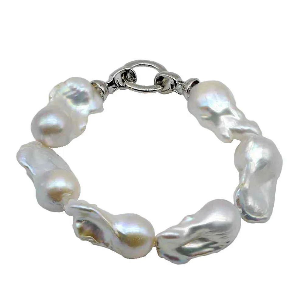 Ladies Large Baroque Bracelet Diameter 17-20mm Natural Freshwater White Pearl Irregular Shape Flame Ball Large Pearl Bracelet