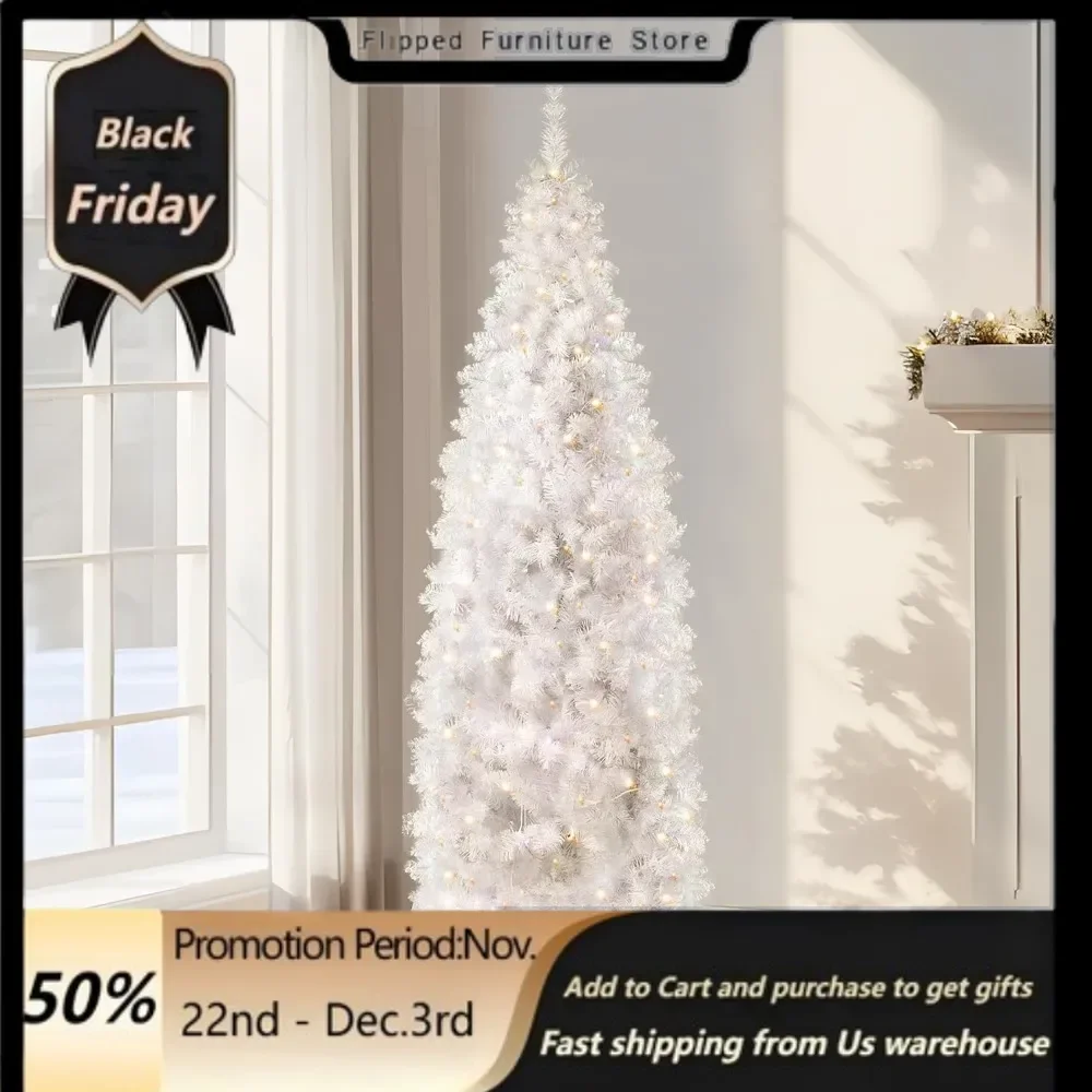 6Ft Pre-Lit Fir Pencil Christmas Tree, White Artificial Slim Skinny Christmas Tree for Party Decoration ,250  Lights.