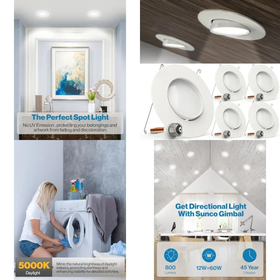 

Sunco LED Can Lights Eyeball Retrofit Gimbal 5/6 Inch Recessed Lights Dimmable, 12W=60W,,800 LM, Directional Angled Trim Adjust