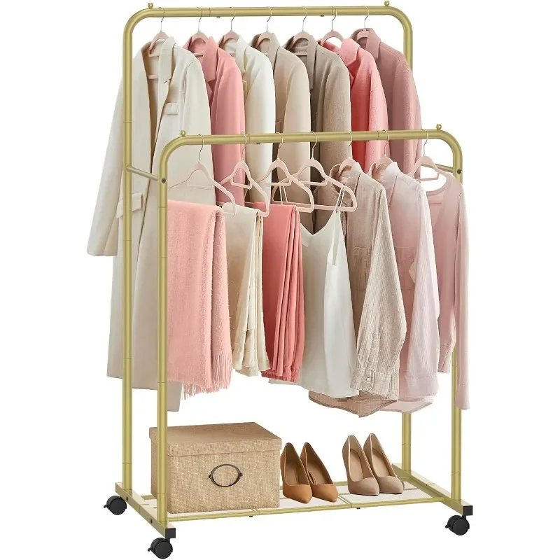 Double Rods Clothes Rack with Wheels, Clothing Rack for Hanging Clothes, Heavy Duty Garment Rack with Mesh Storage Shelf