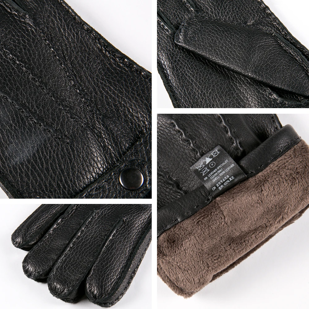 GOURS-guantes de cuero auténtico para hombre, manoplas de piel de ciervo auténtica, forro polar, cálido, suave, botones de moda, conducción, nuevo,