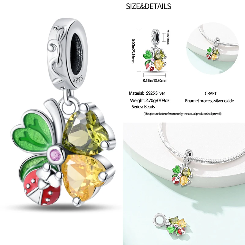 925 Sterling Silver colorato camaleonte animale quadrifoglio Charms perline Fit 4MM foro diametro bracciali creazione di gioielli fai da te