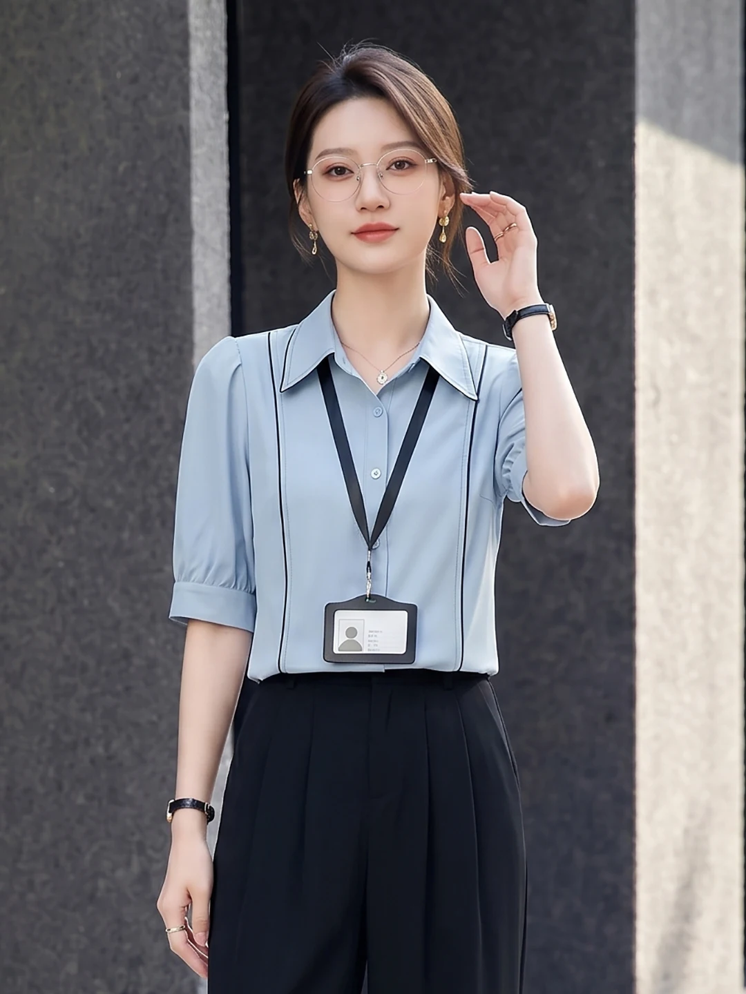 

Blue Short Sleeve Shirt Women's Summer New Simple Fashion High-End Commute Professional Clothing Pure Color Button Polyester ...