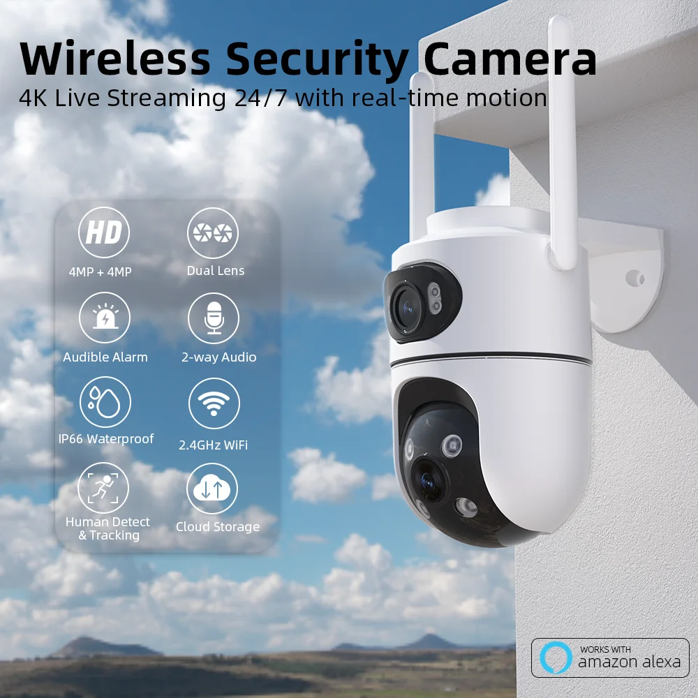 屋外ワイヤレス 4K 8MP HD セキュリティ IP カメラデュアルレンズ外部 Wifi PTZ カメラ自動追跡街路監視カメラ iCsee