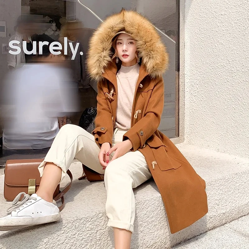 

Woolen Coat Women Clothing 2022 Winter New Korean Fashion Slim Wool Jacket Female Long Horn Buckle Hooded Fur Collar Outerwear