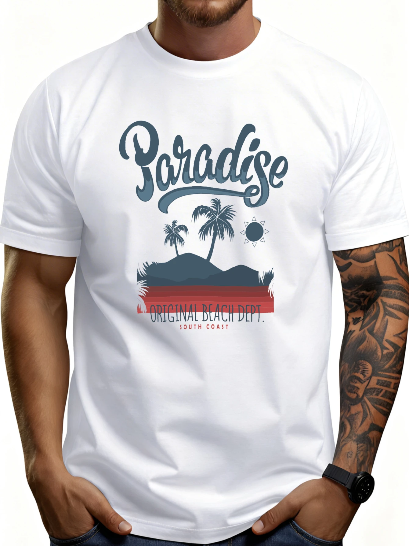 Casual Style Men's T-Shirt with Paradise Island Design, Featuring Original Southern Coast Prints of Palm Trees and Sunsets, Perfect for Beach Lovers and Travel Enthusiasts, Is the Perfect Gift for Him.