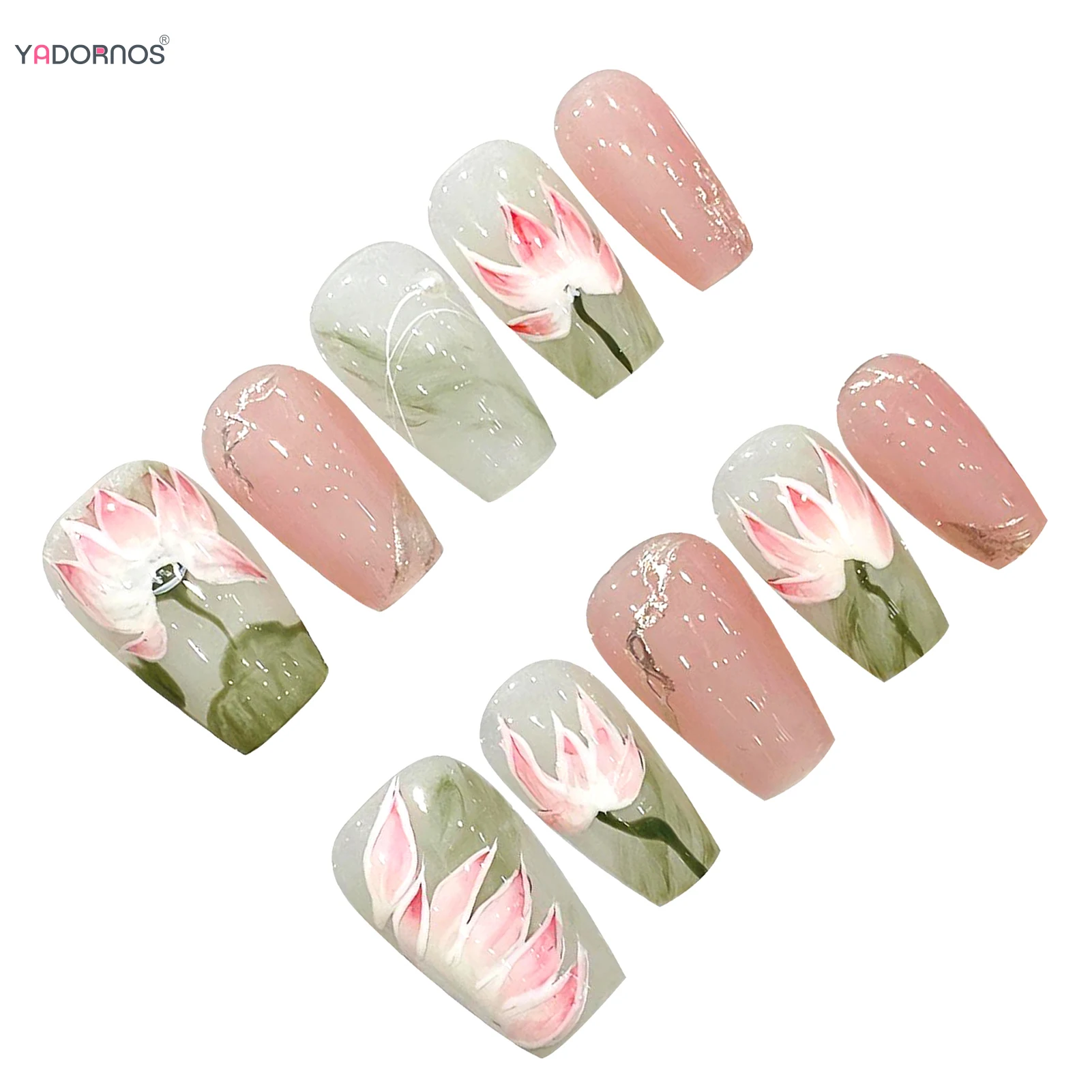 

10Pcs Green Pink False Nails Medium Coffin Handmade Press On Nail Lotus Flower Designs Summer Nails Wearable Manicure For Girls