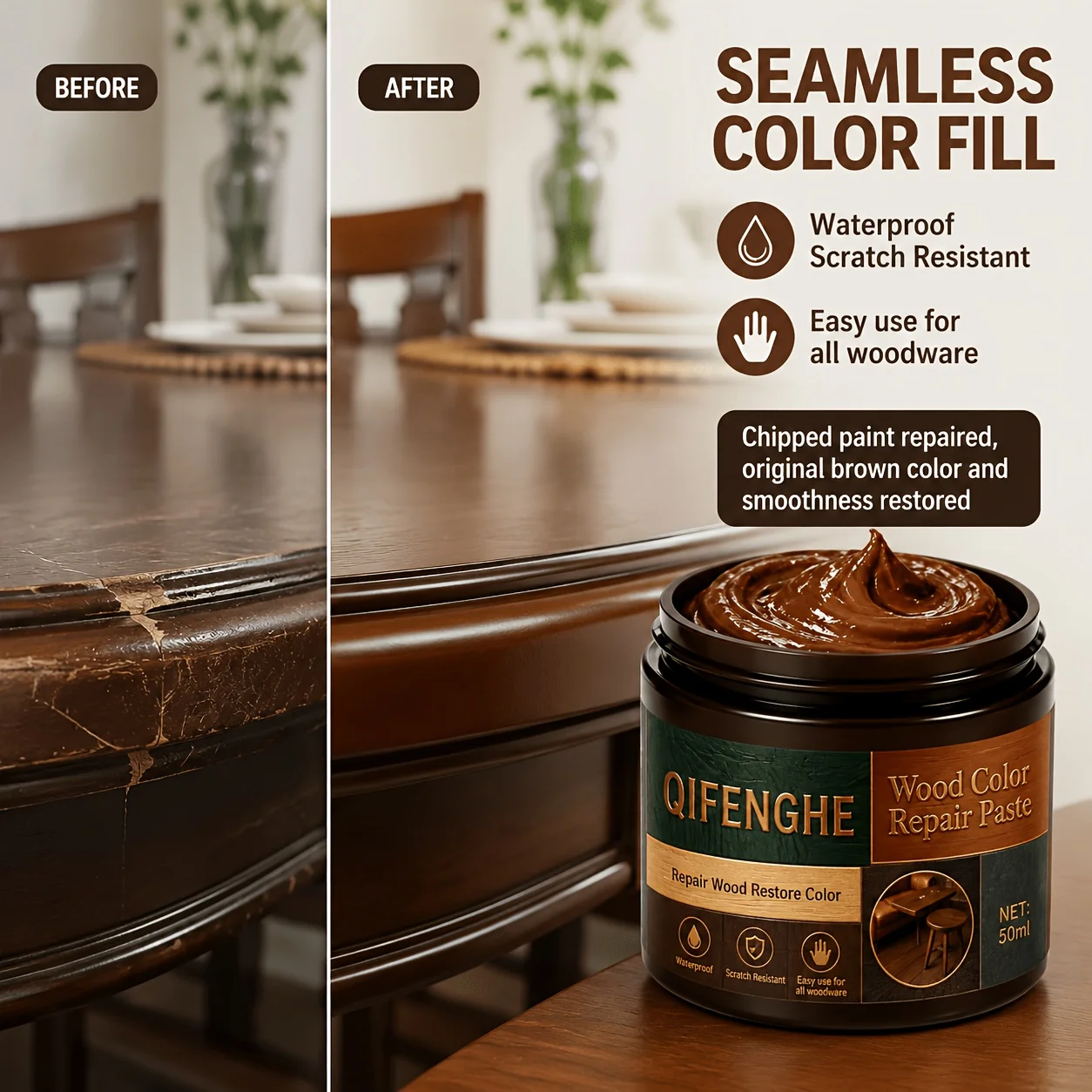 Wood Color Repair Paste Waterproof Scratch & Chip Filler for Wooden Tabletop, Cabinet, Floor & Home Furniture