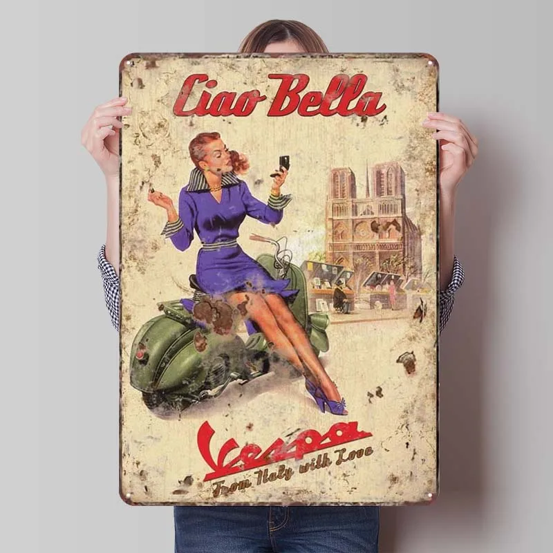 Vespa Ciao Bella Poster Vintage Rusty Metal Sign Art Mural Retro Tinplate Sign Plaque for Garage Wall Art Decoration Man Cave