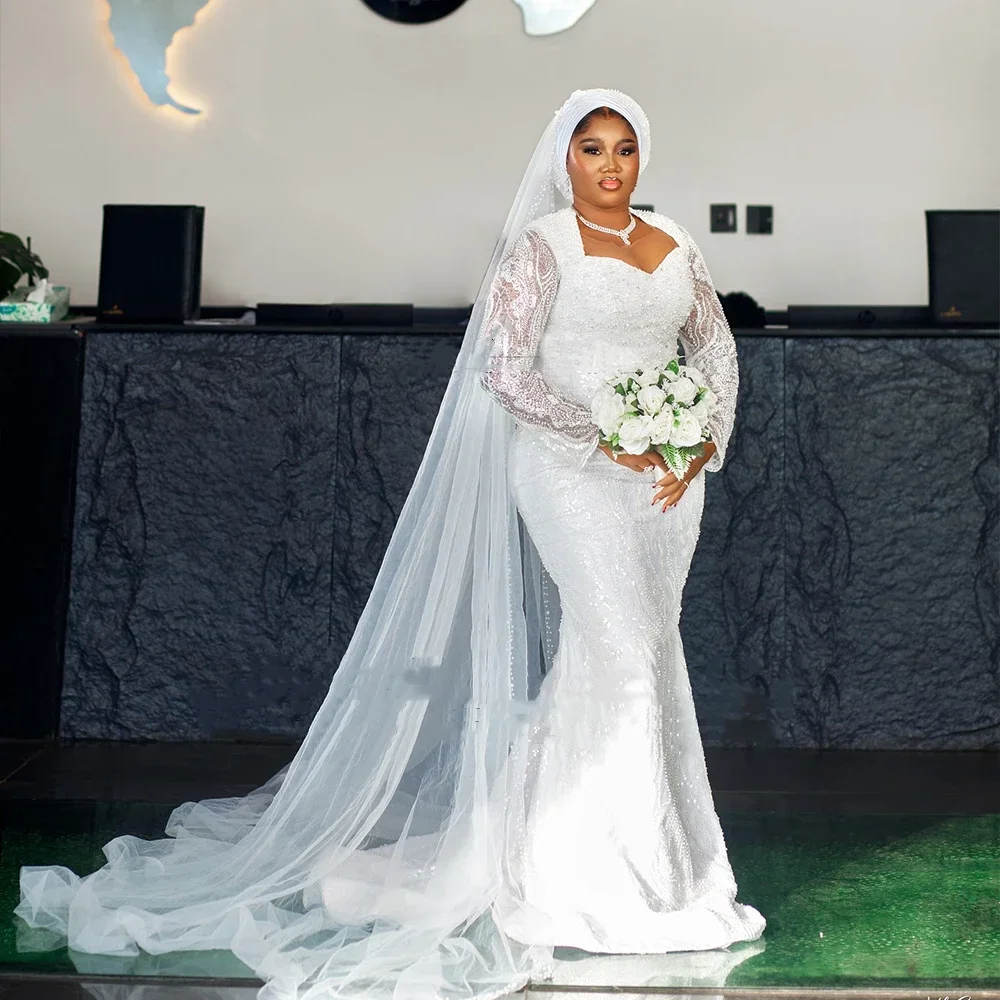 

Customized Graceful Lace Wedding Dresses Beading Pearls Long Sleeves Mermaid Bridal Gowns Plus Size Train vestidos de novia