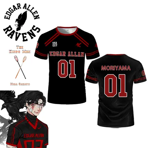 2025 New The Foxhole Court Edgar Allan Ravens 라크로스 저지 코스프레 모리야마 리코 3D Tshirt 모든 게임 키즈 유니폼