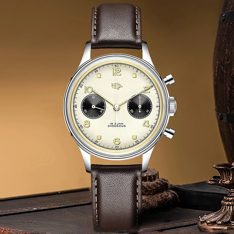 Super Men Watches 1963 Chronograph Seagull Movement Hand Winding Mechanical Wristwatches Leather Strap Relojes Mecanicos