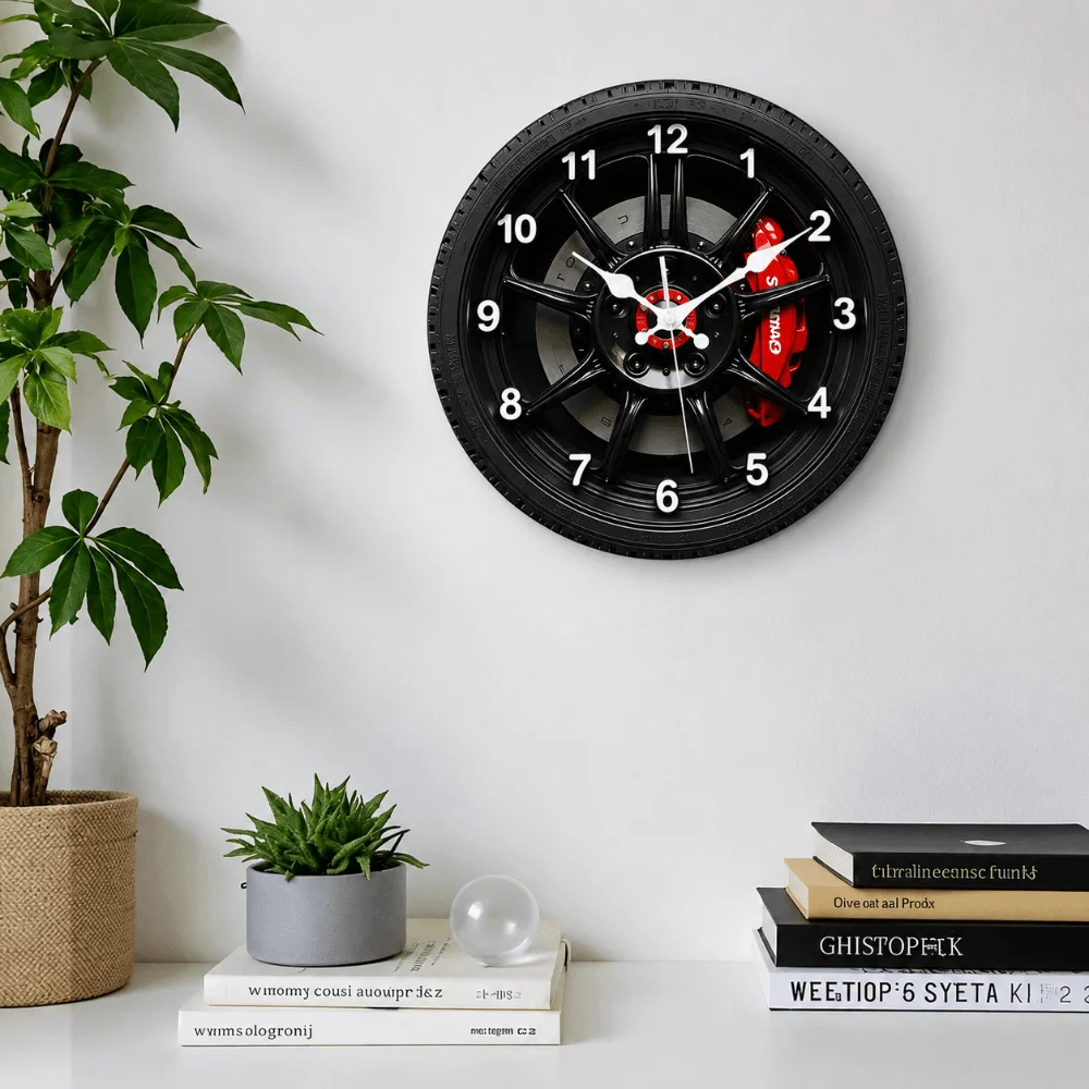 Motorcycle Style 2D Flat Wall Clock Silent Non-ticking 2D Car Wheel Hub Wall Clock Wall Decor Sweep Second Quartz Wall Clock