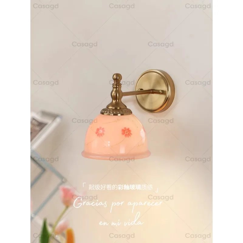 

French girl heart bedside wall lamp cream powder flower living room bedroom warm romantic retro lighting