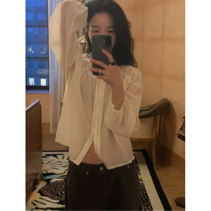 Bolha de renda sve irt feminino suave ele topo primavera novo solto versátil irt coreano sle pele-amigável respirável