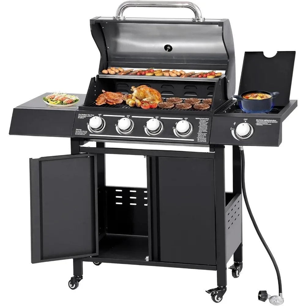 

4-Burners Propane Gas Grill with Side Burner, 50,000 BTU Outdoor BBQ Grill, Cast Iron Cooking Grate with Wheels