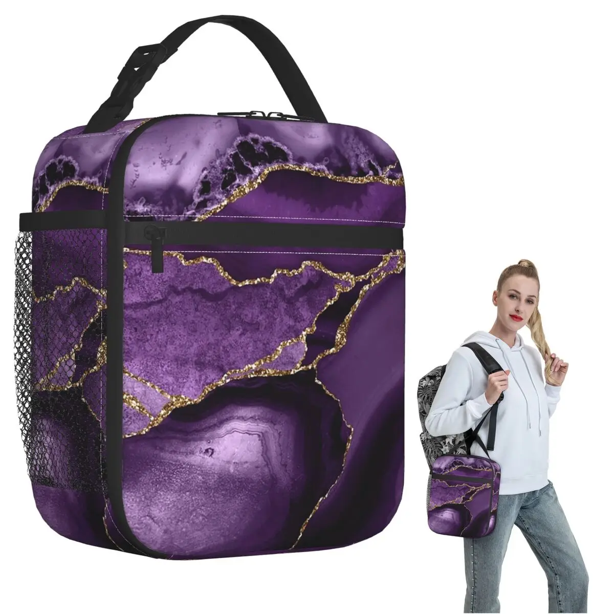 Purple Faux Marble Abstract Landscap Insulated Lunch Bag for Women Children Leakproof Food Boxes Thermal Lunch Box Tote