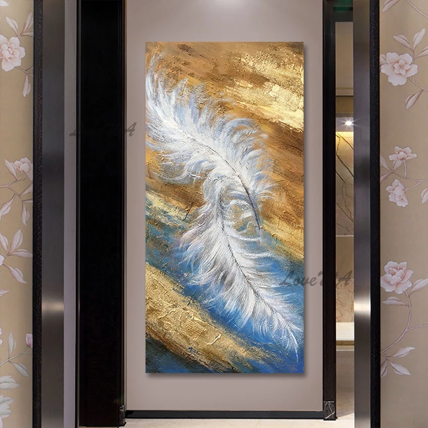 

Безрамное белое перо ручной работы, современная абстрактная картина маслом, Золотая фольга, украшение, художественное оформление, домашний декор, Прямая поставка