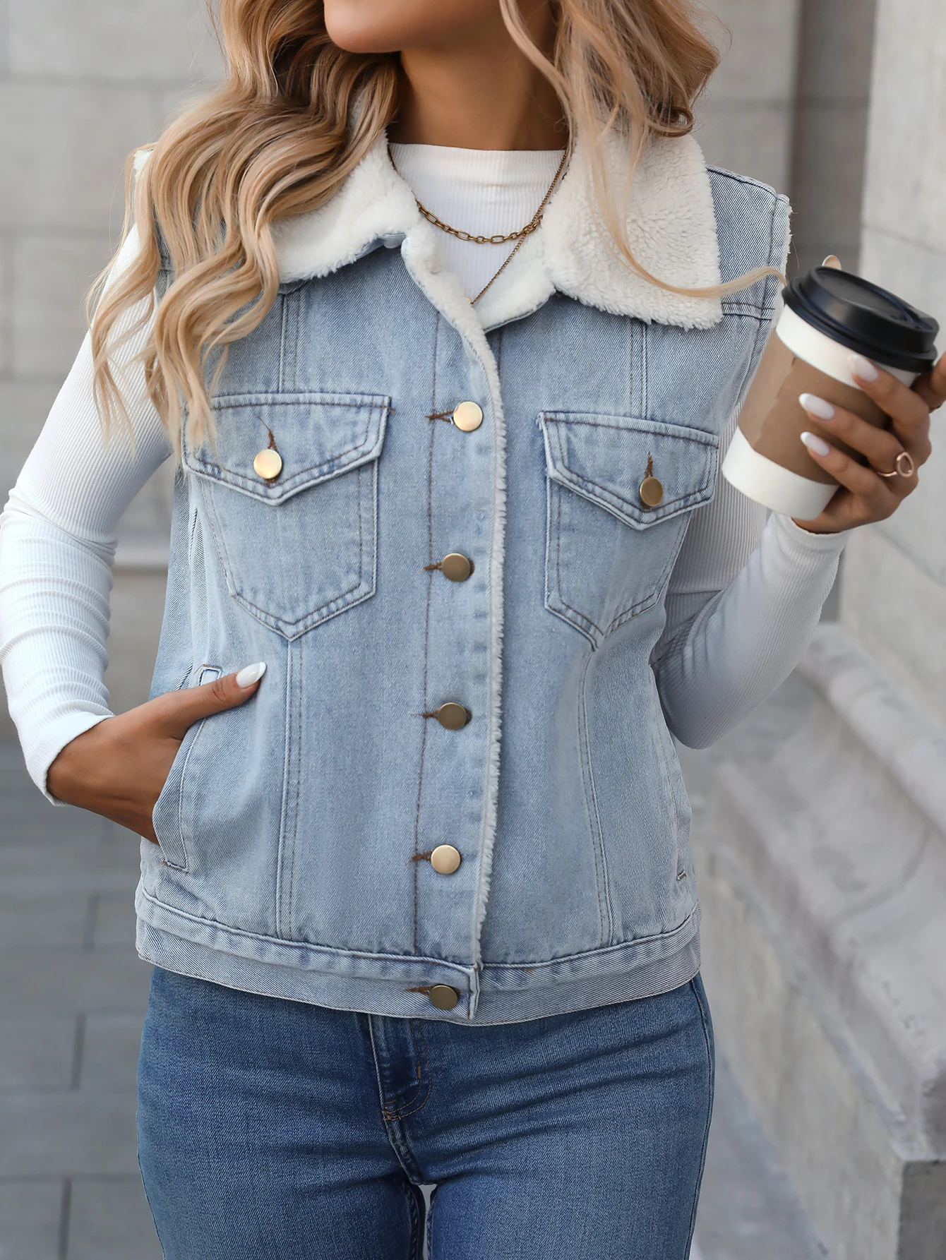 FTLZZ Autumn Winter Women Fuzzy Fleece Denim Vest Coat Casual Warm Sleeveless Button Sherpa Vest Jacket