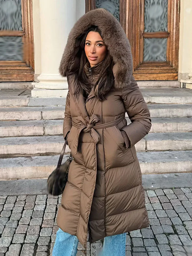 HH Women's Fashion Winter Jackets Solid Hooded High Collar Long Sleeves Lace-Up Decoration Pocket Zipper Female Casual Coats