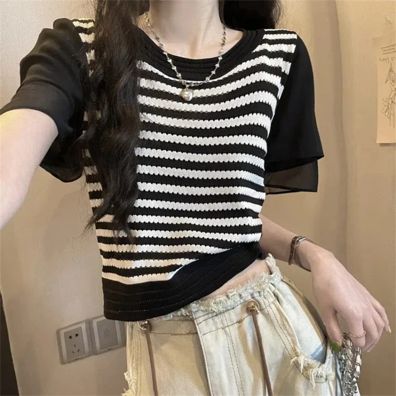 Ruffles Patchwork Knitting Short T Shirts Summer New Short Sleeve Striped Loose Vintage Tops Tees Sweet Fashion Women Clothing