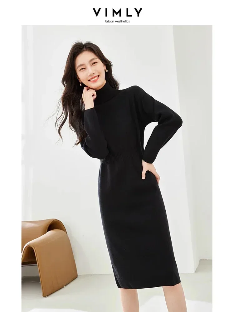 Vimly Black Turtleneck Knitted Dress 2023 Winter Pullover Long Sleeve Straight Midi Sweater Dresses Elegant Female Clothes 72531